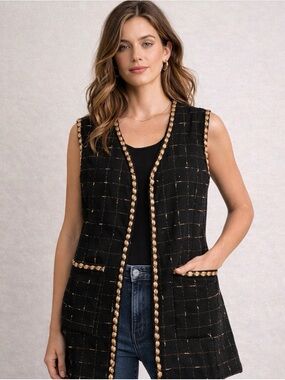 Black Tweed Sleeveless Vest with Gold Trim